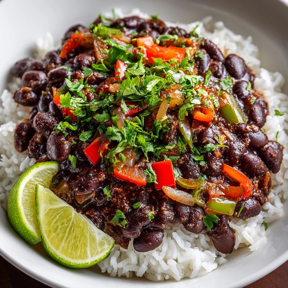 Steaming bowl of Slow Cooker Cuban Black Beans and Rice, a vibrant vegetarian main course.