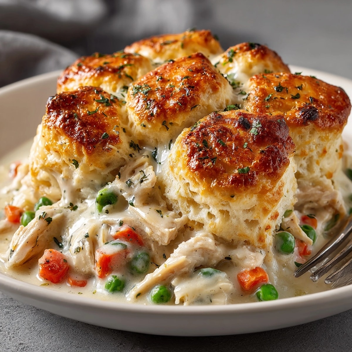 Golden-brown biscuit topping crowns a bubbling Chicken Pot Pie Casserole, ready to be served.