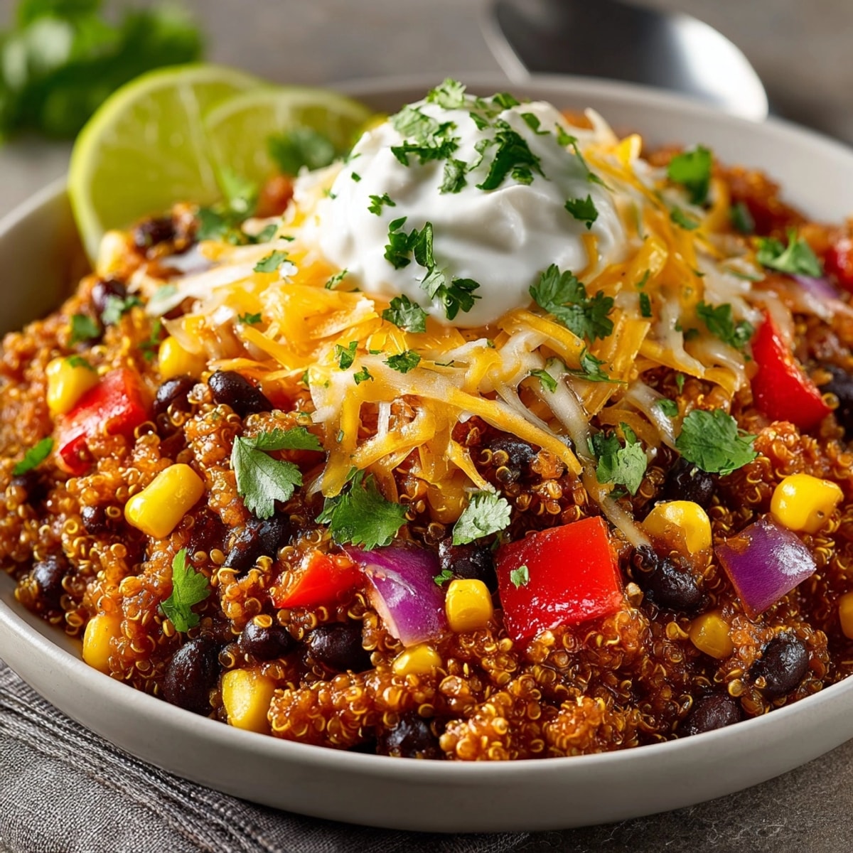 Colorful close-up of a comforting bowl of Mexican quinoa, a healthy and flavorful meal option.