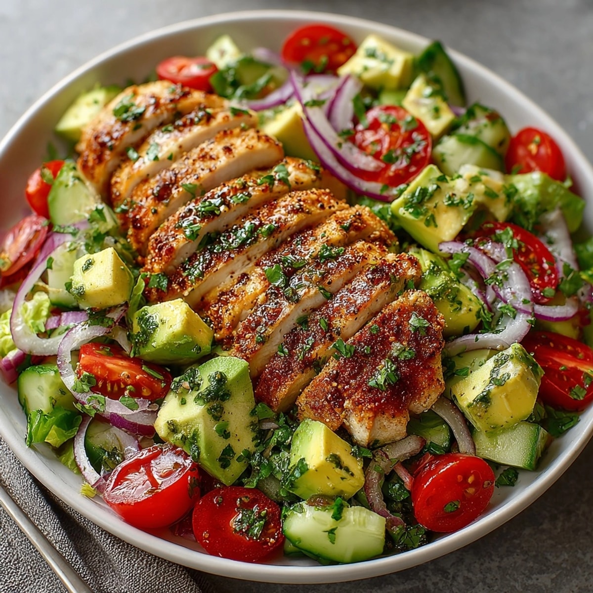 Colorful Avocado Lime Chicken Salad served on a white plate, featuring juicy chicken, ripe avocado, and crisp vegetables.