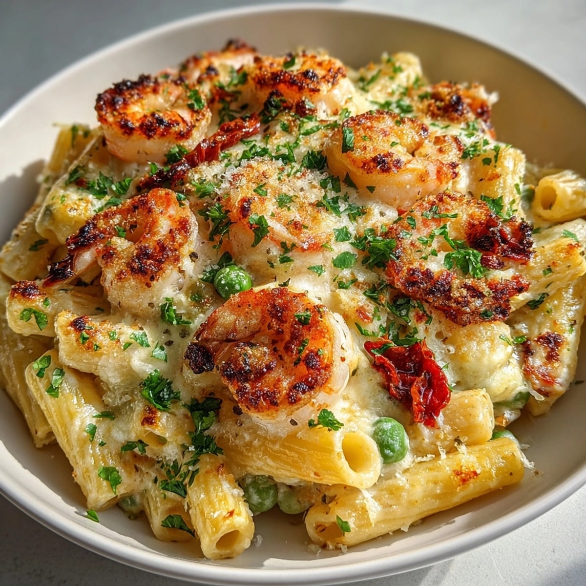 Shrimp Alfredo Casserole fresh from the oven, golden cheese bubbling over creamy pasta.
