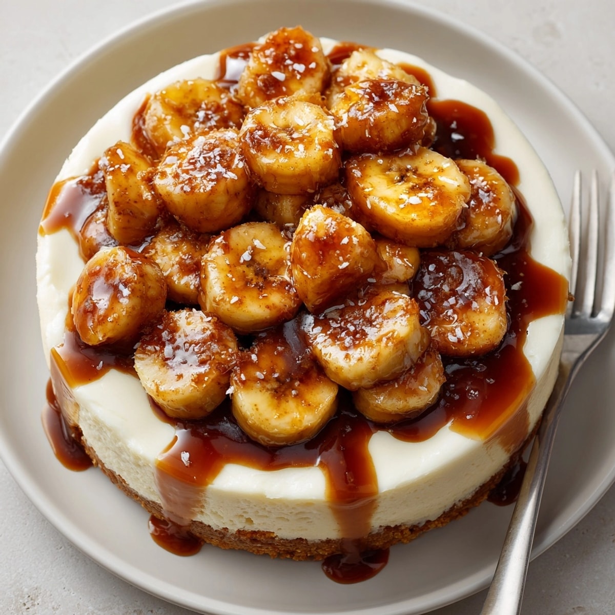 Rich caramelized banana cheesecake with rum glaze served fresh, layers shining in warm, inviting light
