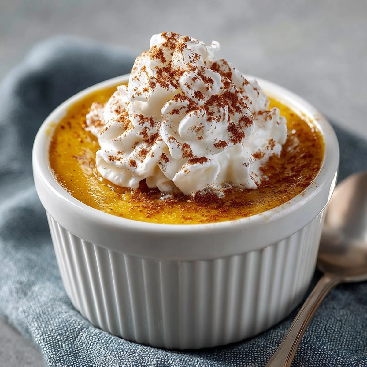 Individual Maple Pumpkin Custard Cups, speckled with spice, cooling in a water bath.