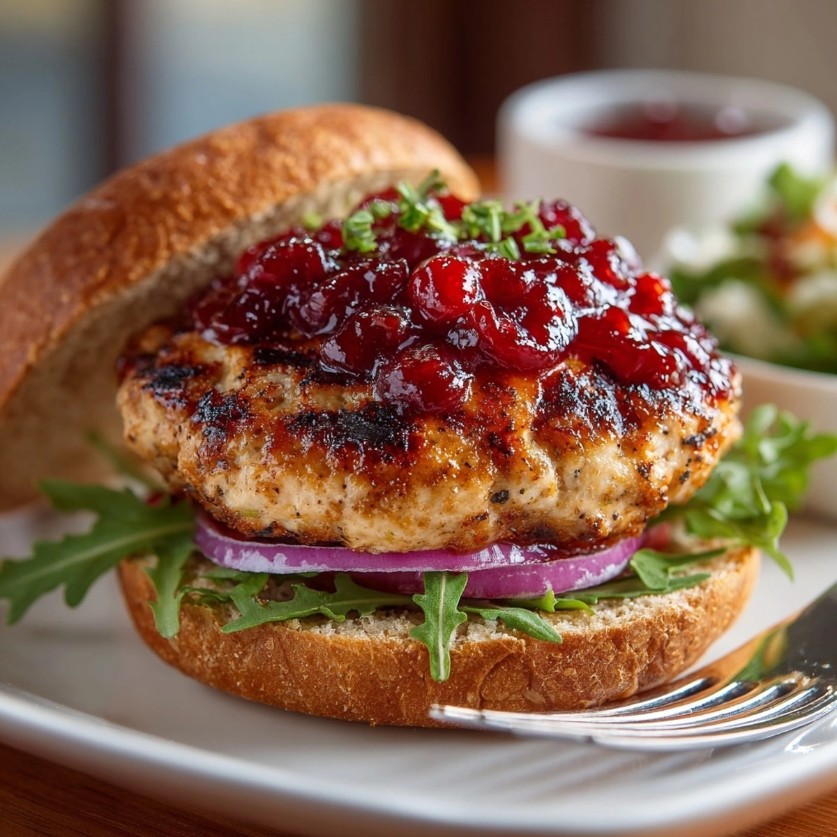 Close-up of juicy Grilled Turkey Burgers glistening with tangy Cranberry BBQ Sauce.