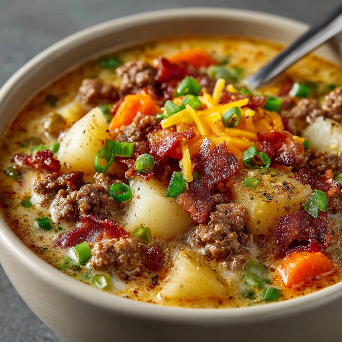 A bowl of warm, flavorful bacon cheeseburger soup, topped with melted cheddar and chives.