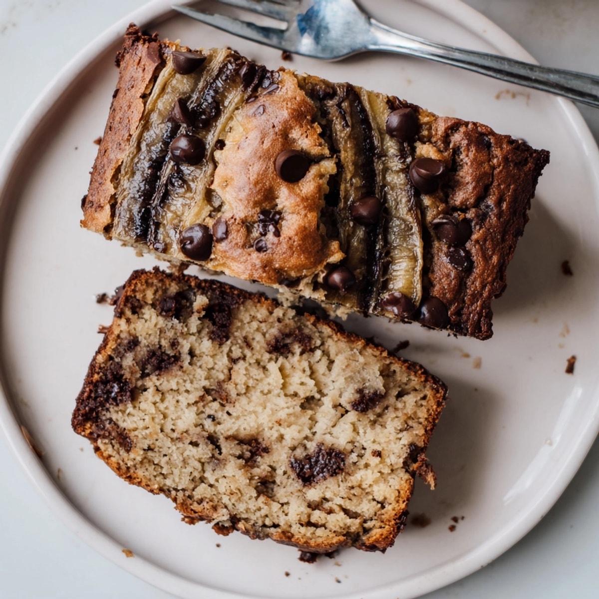 Freshly baked, fragrant Chocolate Chip Banana Bread—a comforting treat, sliced and ready to eat.