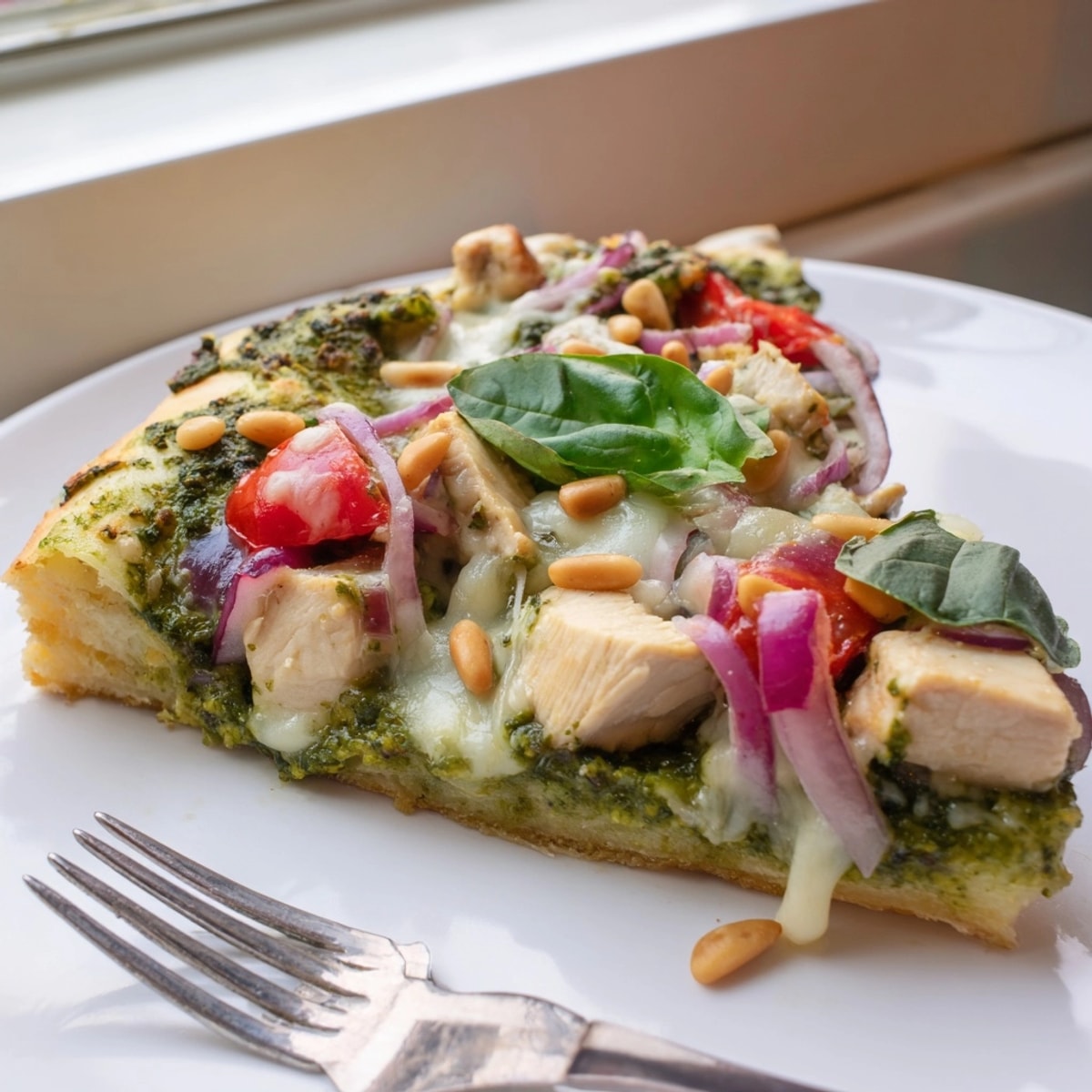 Close-up of homemade Pesto Chicken Pizza with melted mozzarella, ripe tomatoes, and fresh basil.