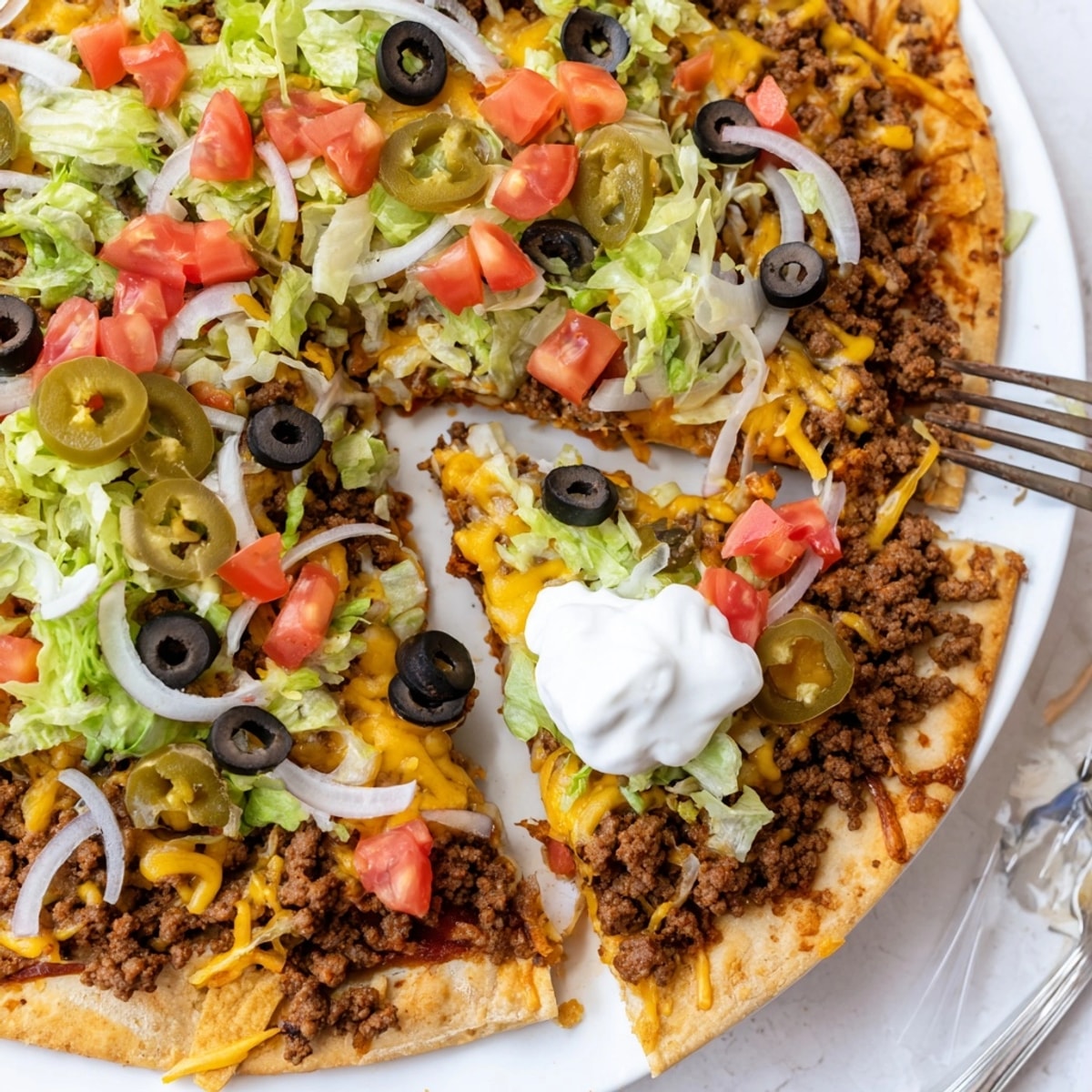 Overhead shot of a cheesy Taco Pizza loaded with fresh toppings, ready to serve.