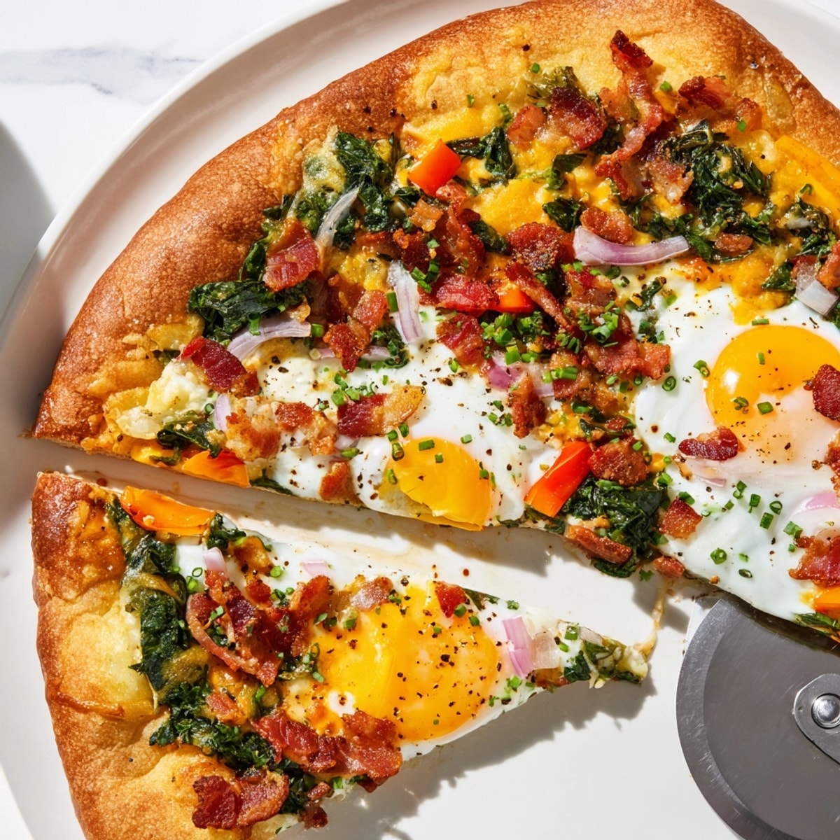 Golden and cheesy Breakfast Pizza, fresh from the oven, ready to be sliced.