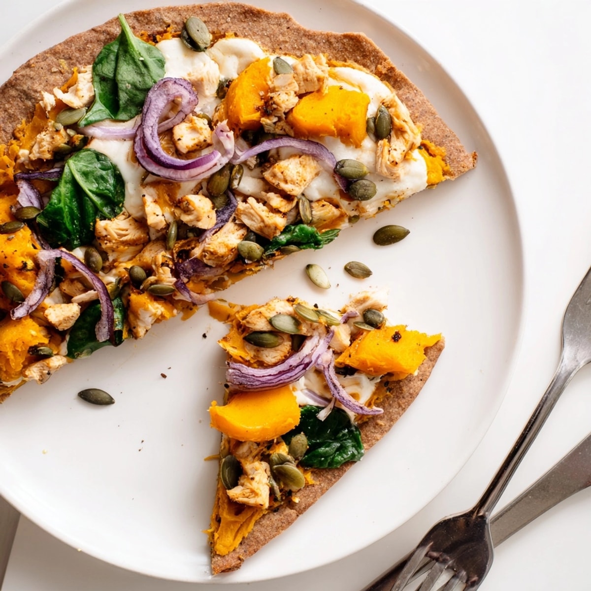 Golden Protein Pumpkin Ricotta Pizza with vibrant spinach, ready to slice and serve.