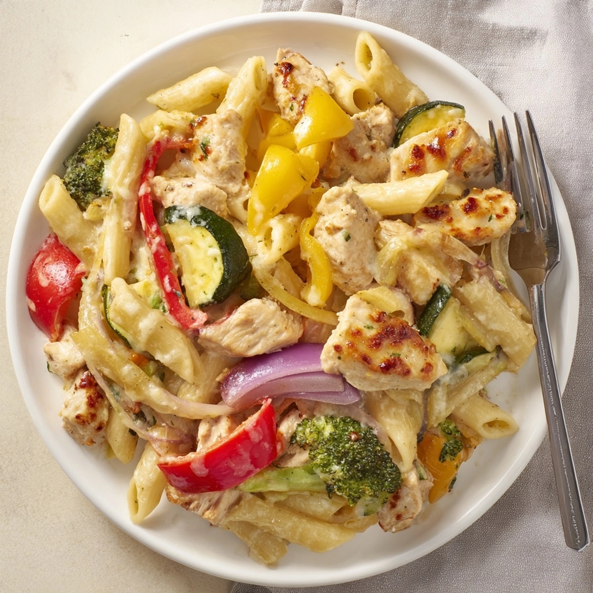 Serving spoon scoops into flavorful veggie-packed Cajun Chicken Alfredo Bake; a perfect family meal.