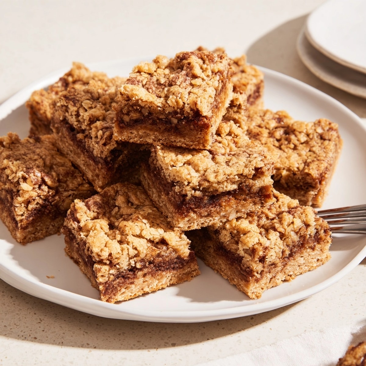 Baked Cinnamon Swirl Oatmeal Blondies squares with a rich, buttery scent, ready to serve.