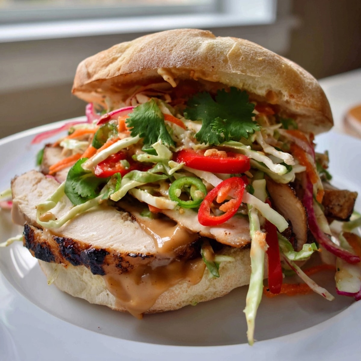 Thai Peanut Slaw Chicken Sandwich: Grilled chicken piled high with vibrant peanut slaw.
