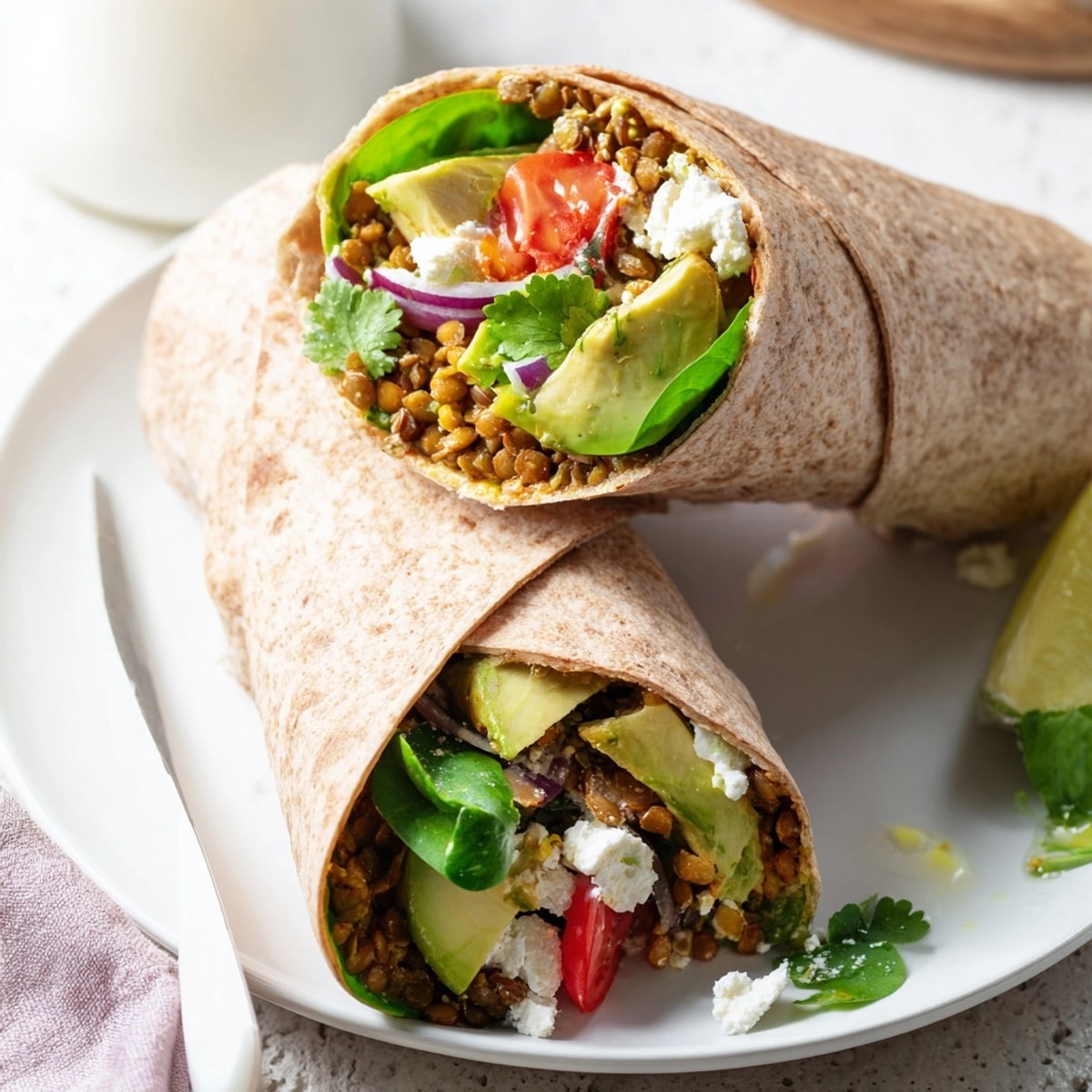 Savory Avocado Lentil Breakfast Wraps, sliced in half, displayed with lime and cilantro.