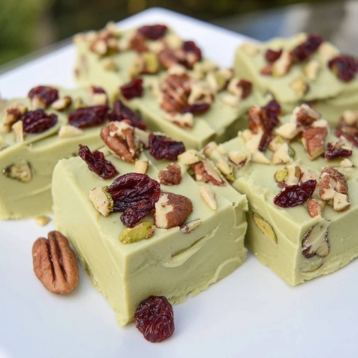 Creamy Matcha White Chocolate Thanksgiving Fudge topped with cranberries and pecans, a festive delight.  