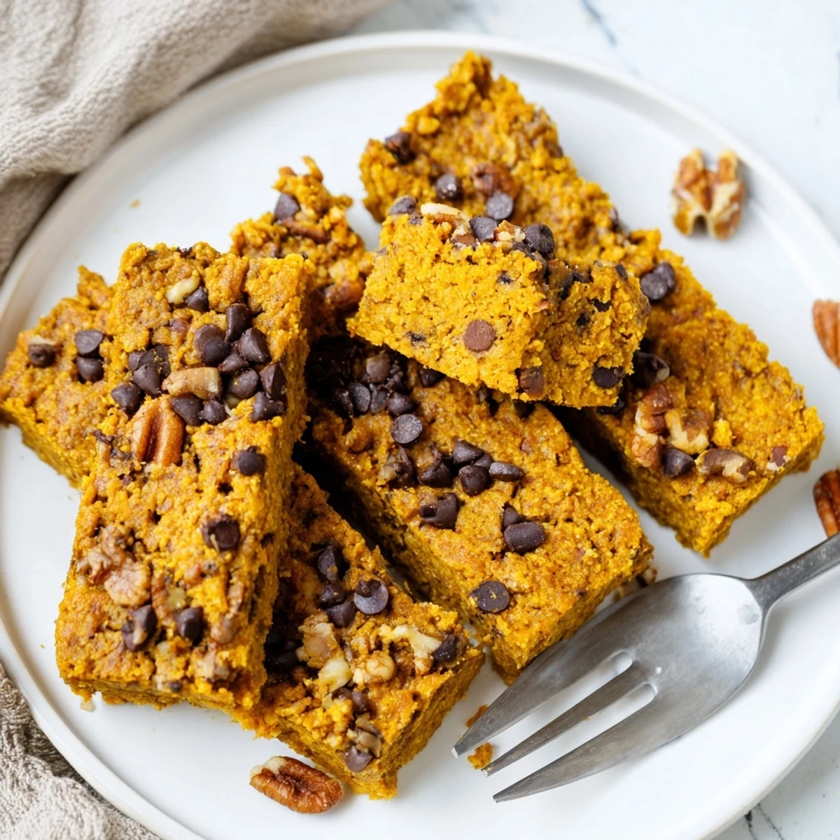 Moist pumpkin muffin protein bars topped with chocolate chips, perfect for breakfast.  