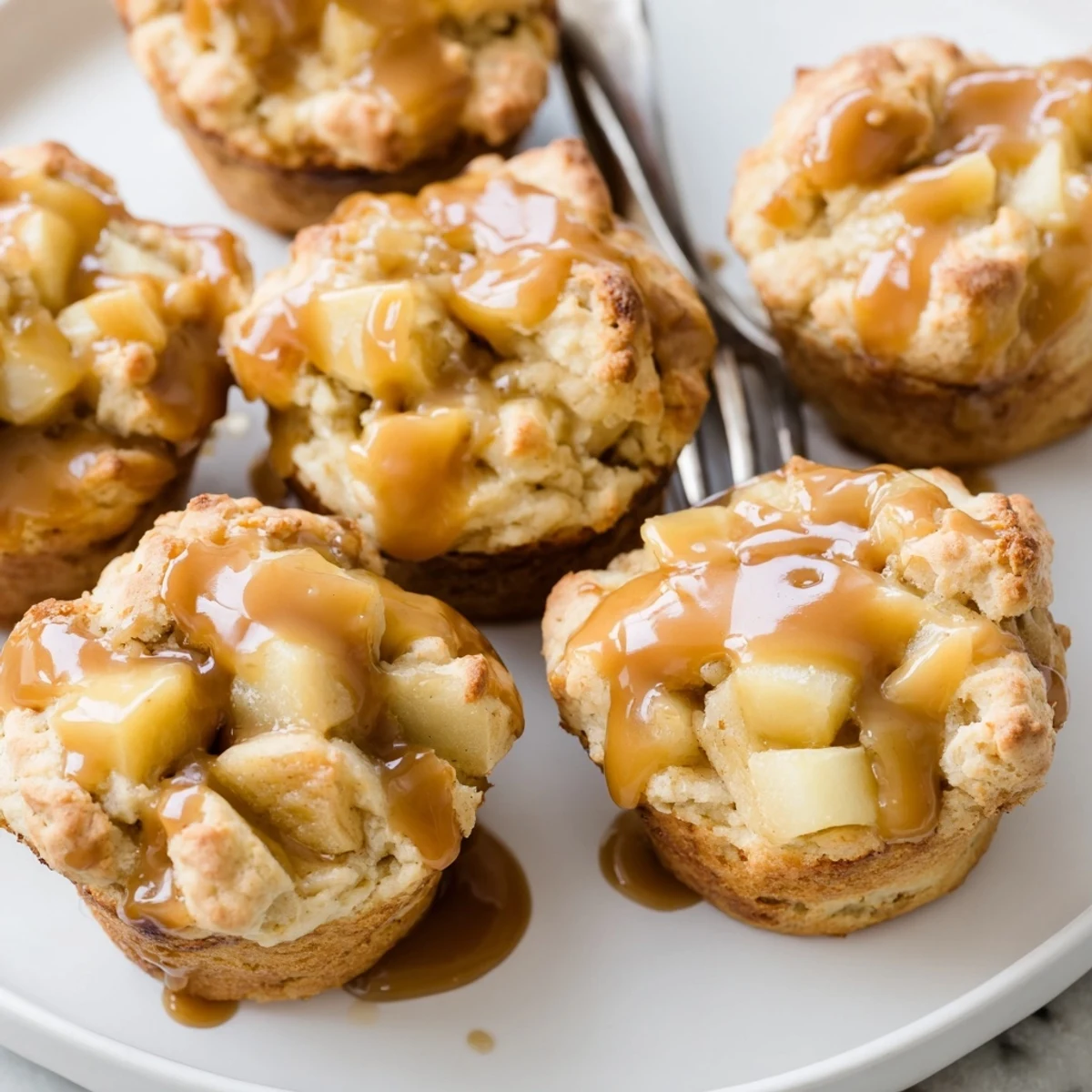 Moist caramel apple scone muffins drizzled with sweet caramel glaze, ideal for breakfast.  