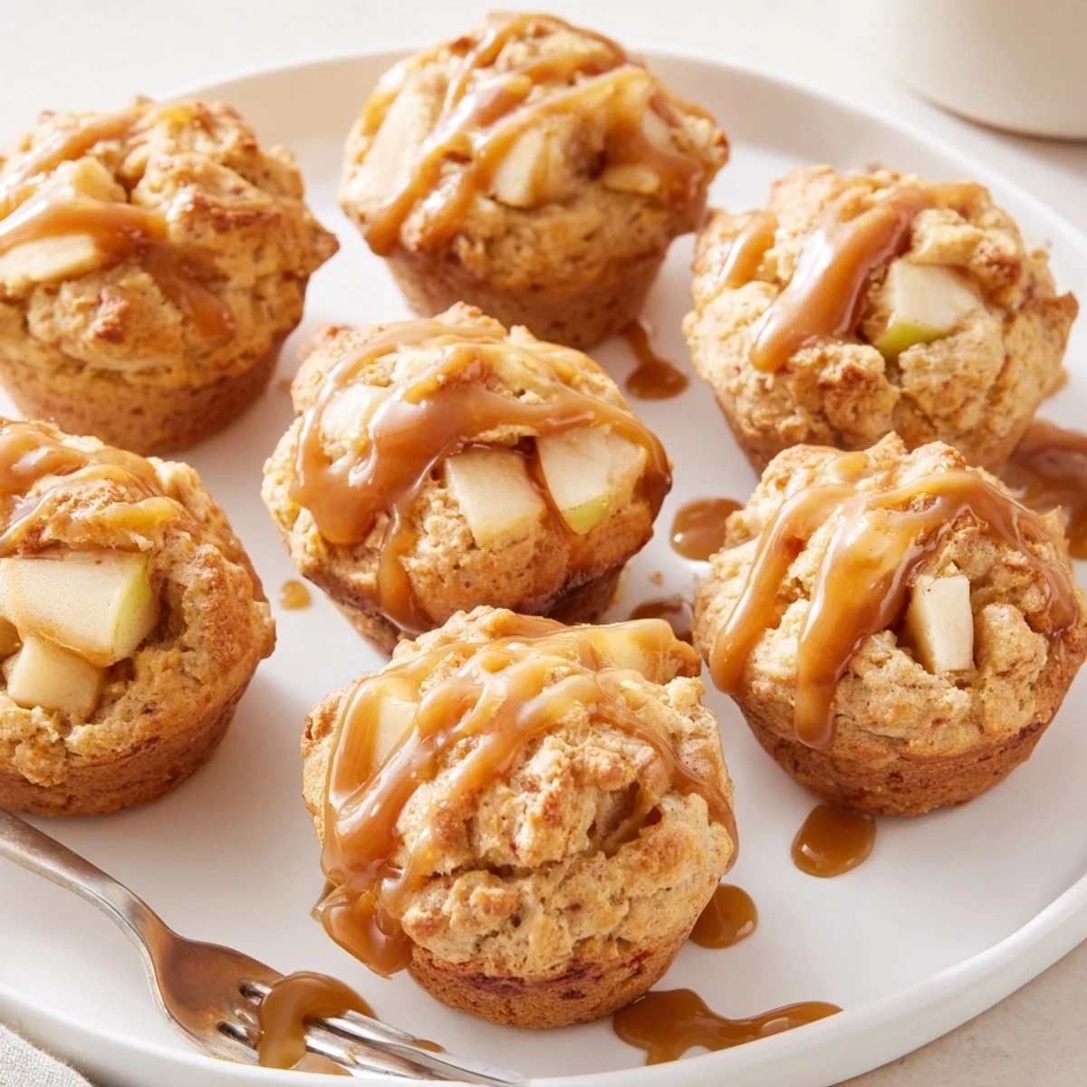 Freshly baked caramel apple scone muffins topped with luscious caramel, perfect for snacks.  