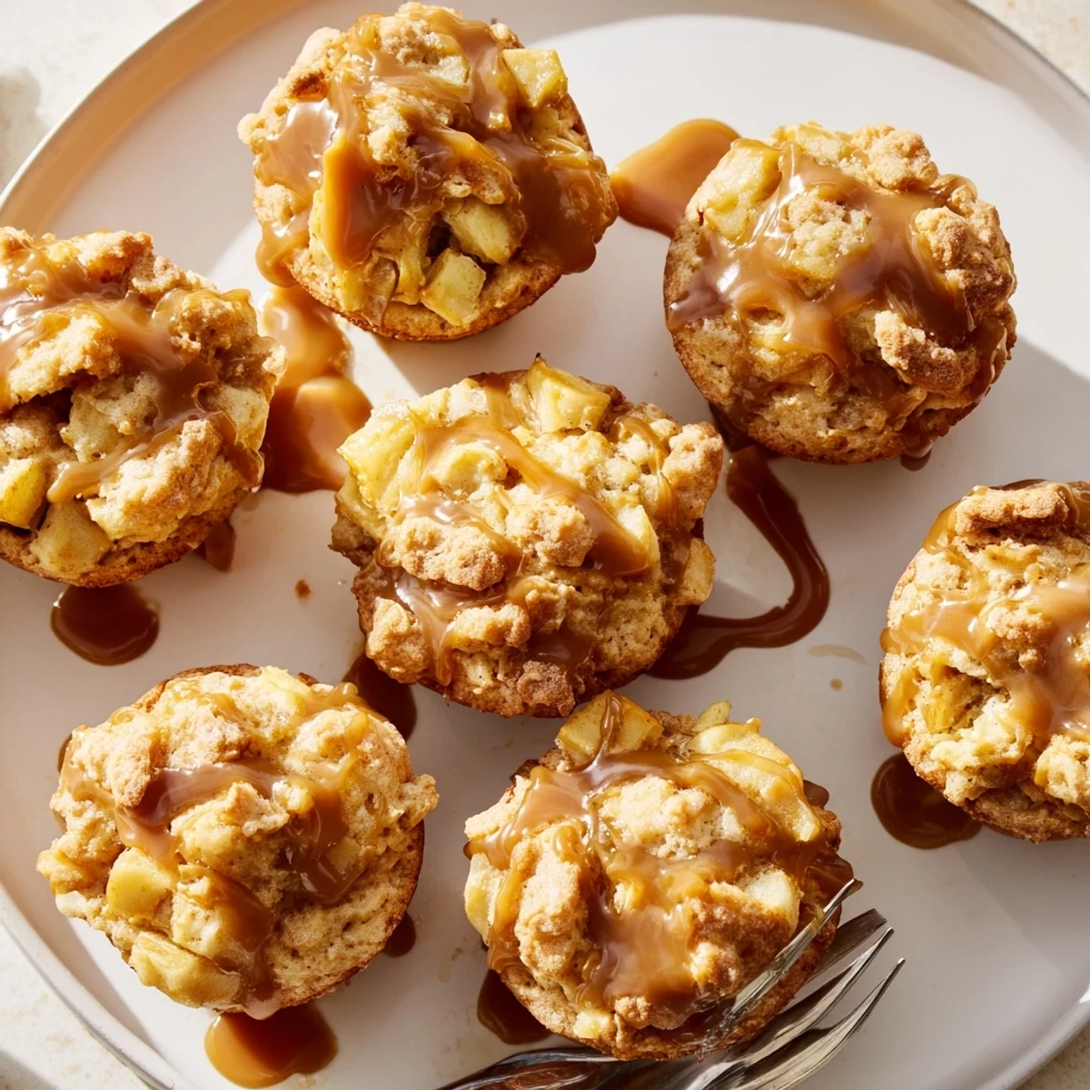 Golden caramel apple scone muffins bursting with apple flavor, best served warm and cozy.