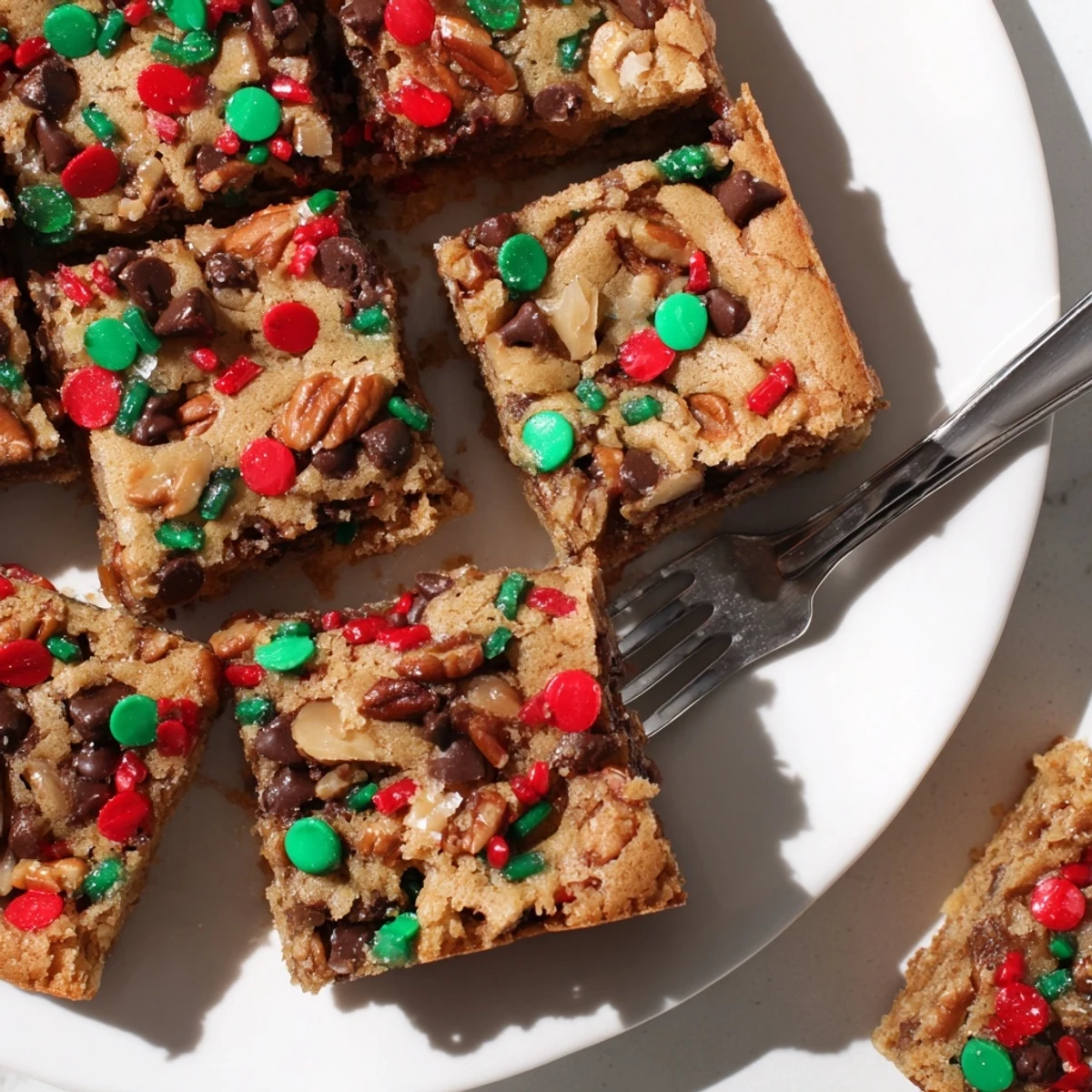 Soft and chewy Festive Christmas Cookie Chocolate Chip Bars topped with vibrant sprinkles.  