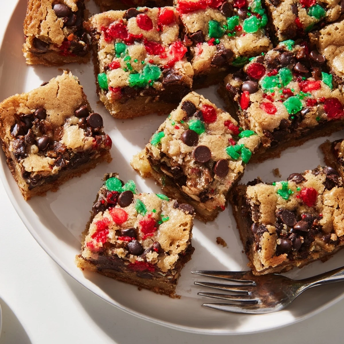 Irresistible Festive Christmas Cookie Chocolate Chip Bars with a hint of warm cinnamon spice.