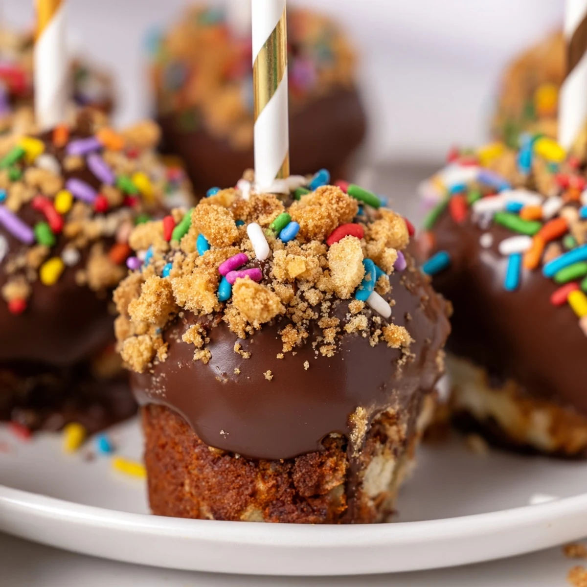 Delicious Smores Cinnamon Birthday Cake Pops with chocolate coating and graham cracker crunch.  