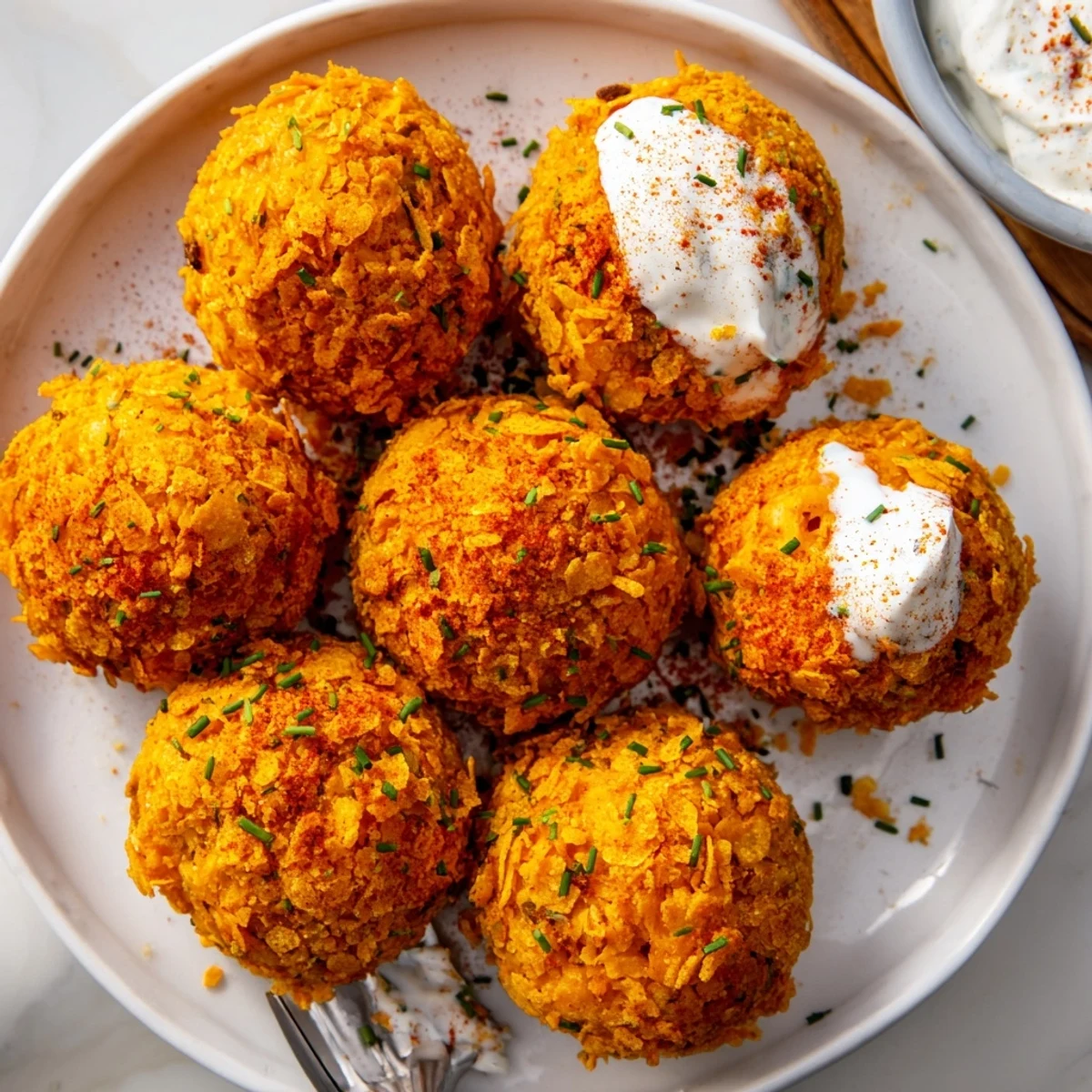 Flamin Hot Spicy Pumpkin Biscuit Balls coated in crunchy snack crumbs, ideal for game day.