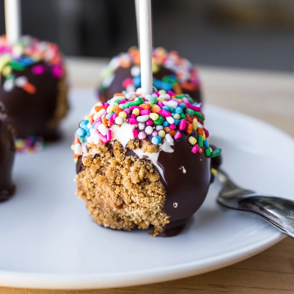 Moist Smores Cinnamon Birthday Cake Pops coated in chocolate and graham crumbs.  