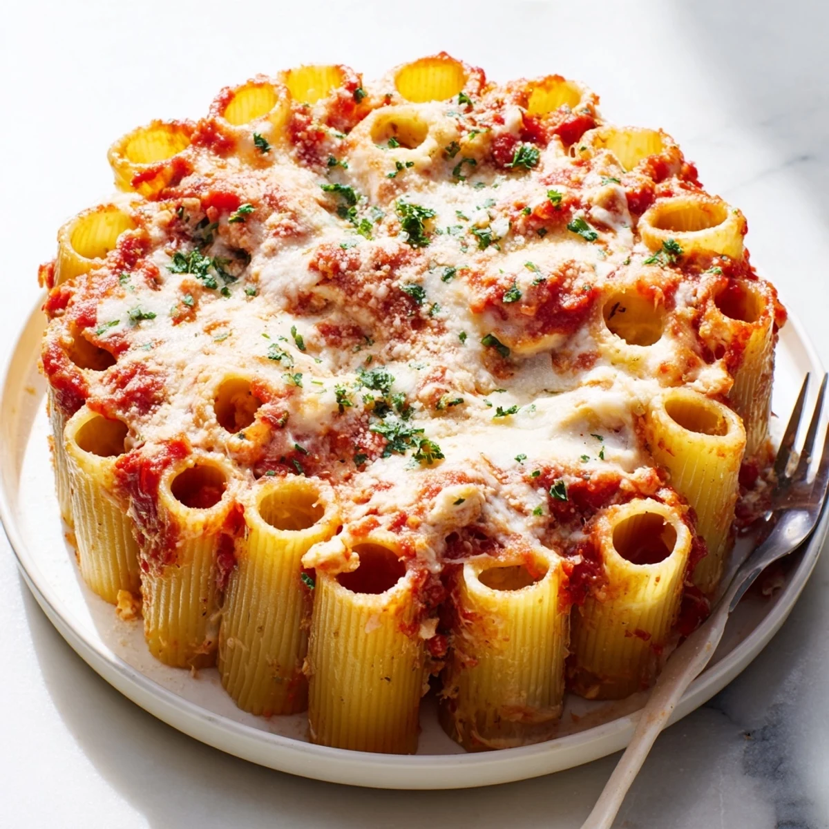 Creamy Honeycomb Pasta Cake baked with tomato sauce and melted cheese delights the senses.  