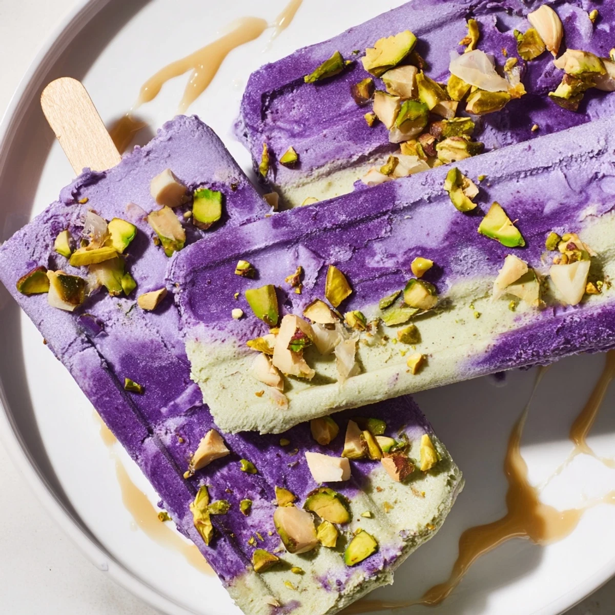 Vibrant Ube & Pistachio Ice Cream Bars drizzled with sweet condensed milk and nuts.  