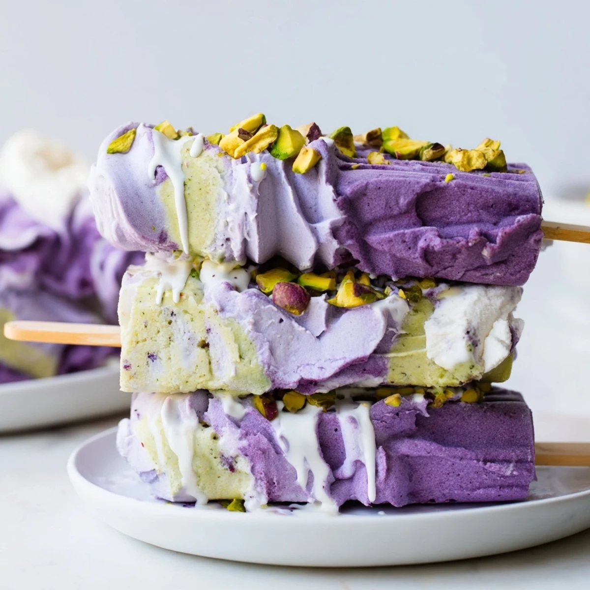 Refreshing Ube & Pistachio Ice Cream Bars displayed on a wooden board for summer.