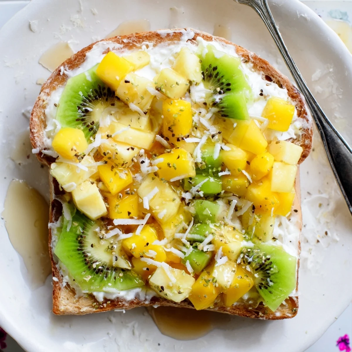 Delicious yogurt-custard toast bursting with fresh mango, pineapple, and kiwi flavor.  