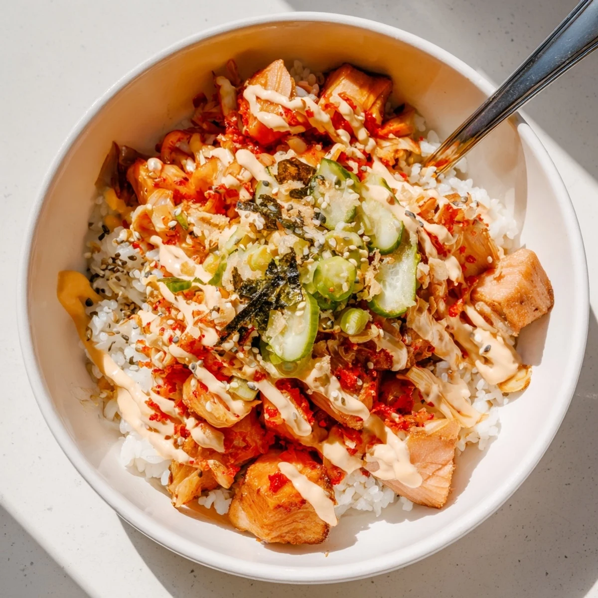 Crispy salmon rice bowl topped with spicy mayo, avocado, and vibrant kimchi.
