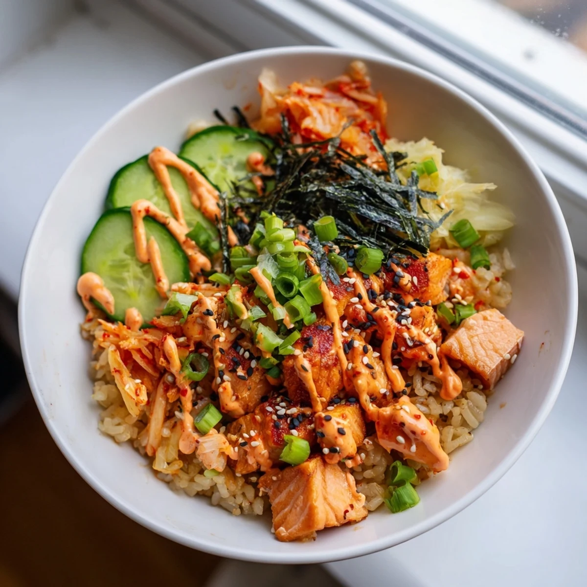 Delicious crispy salmon rice bowl garnished with garlic, cucumber, and sesame seeds.