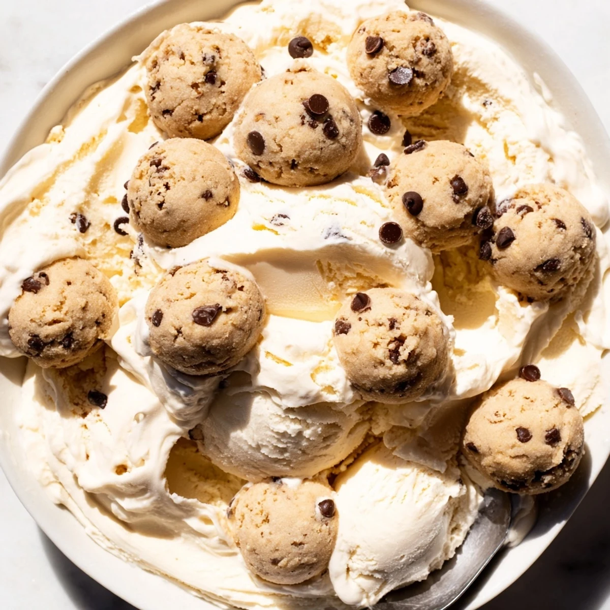 Chilled cottage cheese ice cream topped with delicious mini chocolate chip cookie dough.  