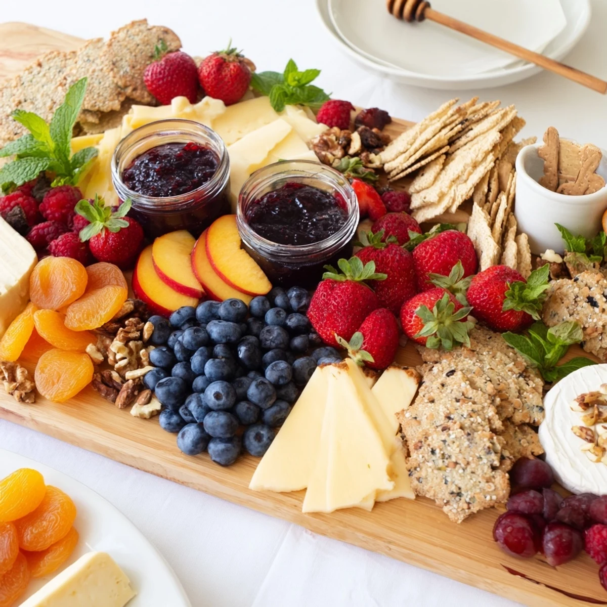 A colorful jam-infused brunch board with fresh fruits and artisan cheeses.  