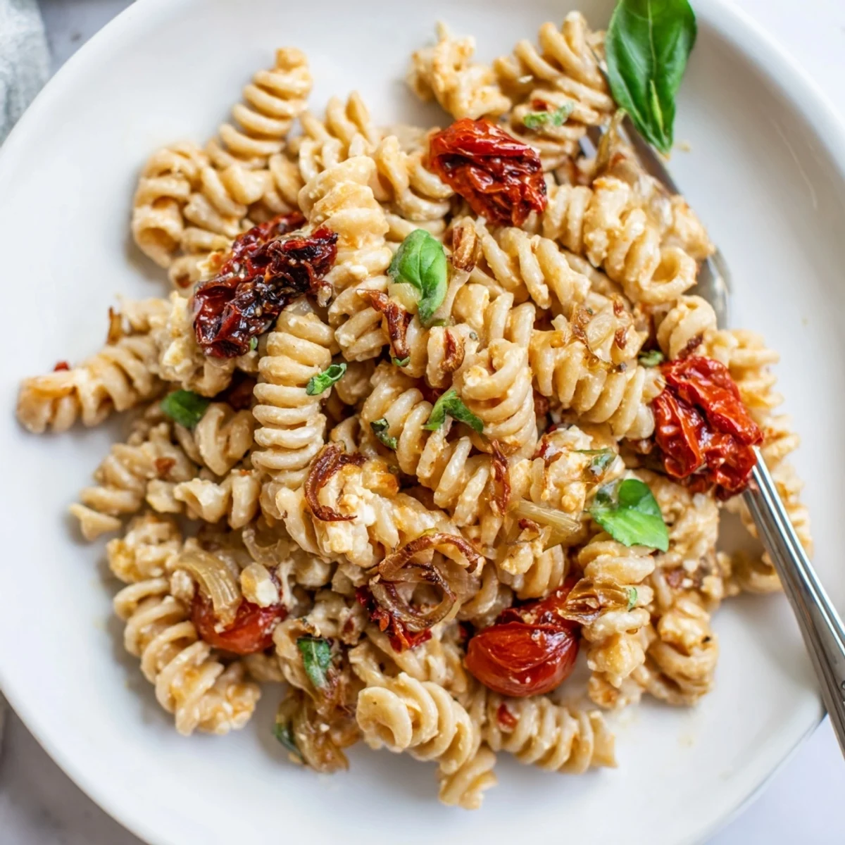 Creamy baked feta pasta topped with caramelized onions and vibrant tomatoes.  