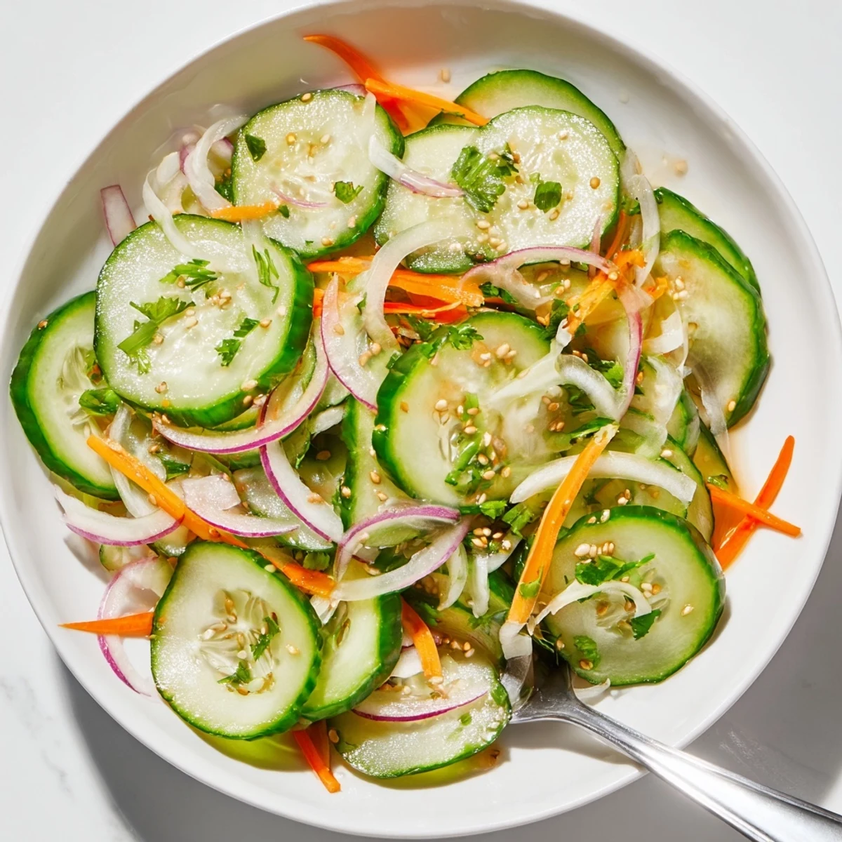 Refreshing cucumber salad remix topped with sesame seeds, perfect for summer picnics.  