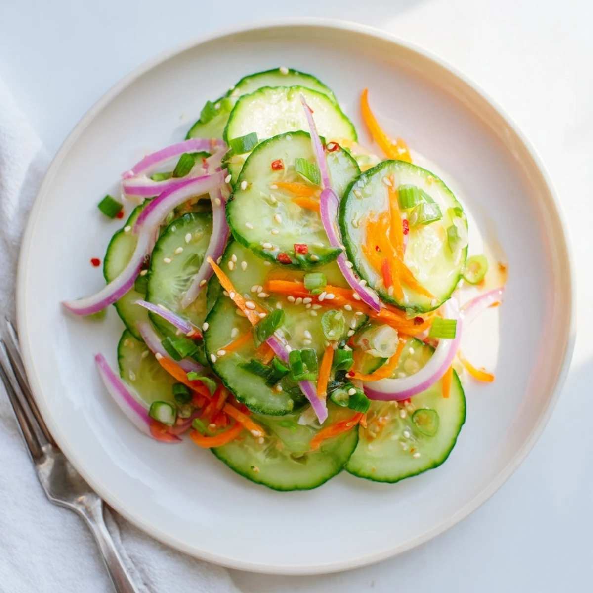 Crisp cucumber salad remix drizzled with savory Asian dressing, bursting with flavor.