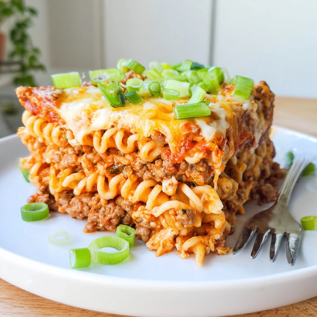 Layered Spicy Ramen Lasagna with rich meat sauce and bubbling cheese topping, ready to serve.  