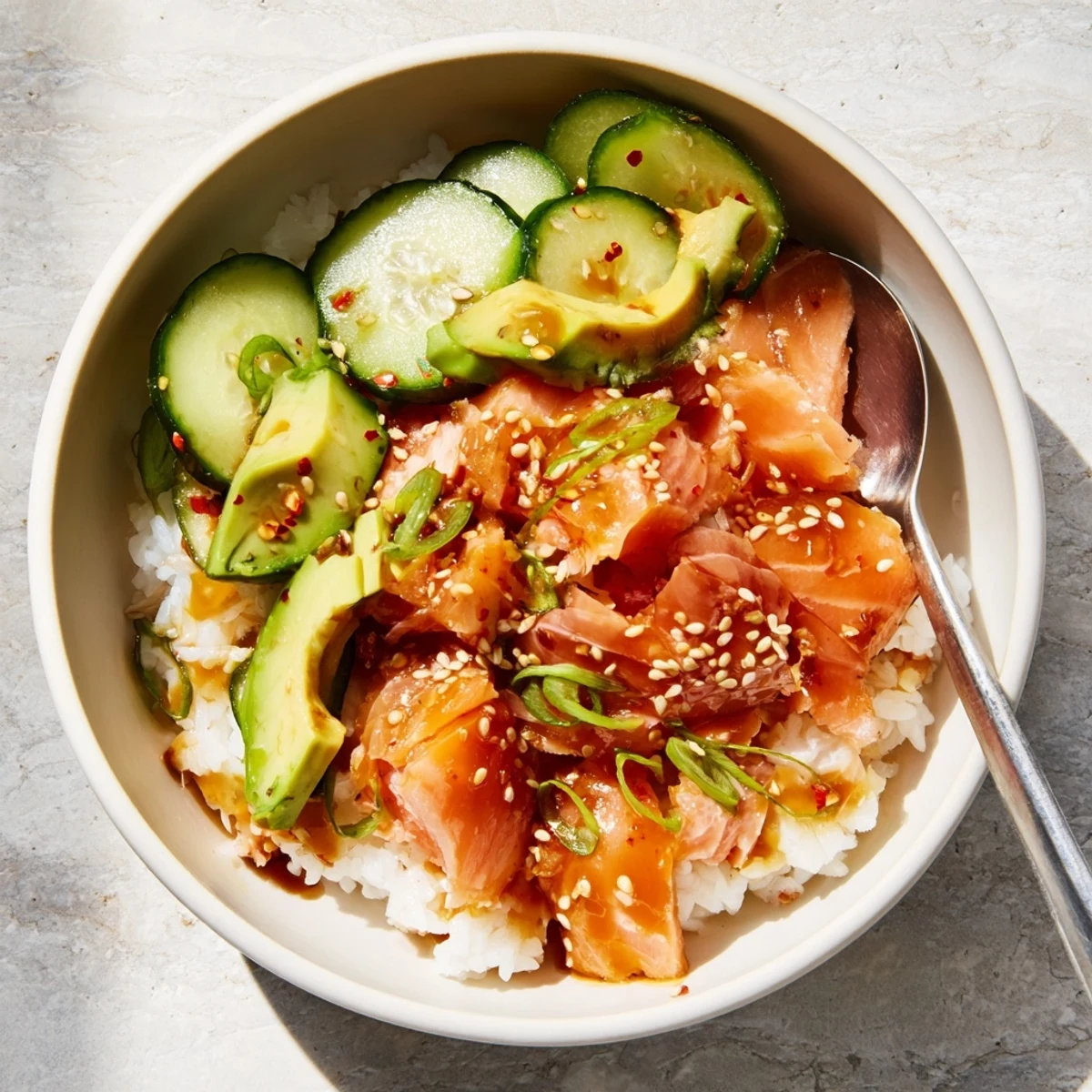Quick and easy leftover salmon and rice bowl, drizzled with sesame oil and soy sauce.  
