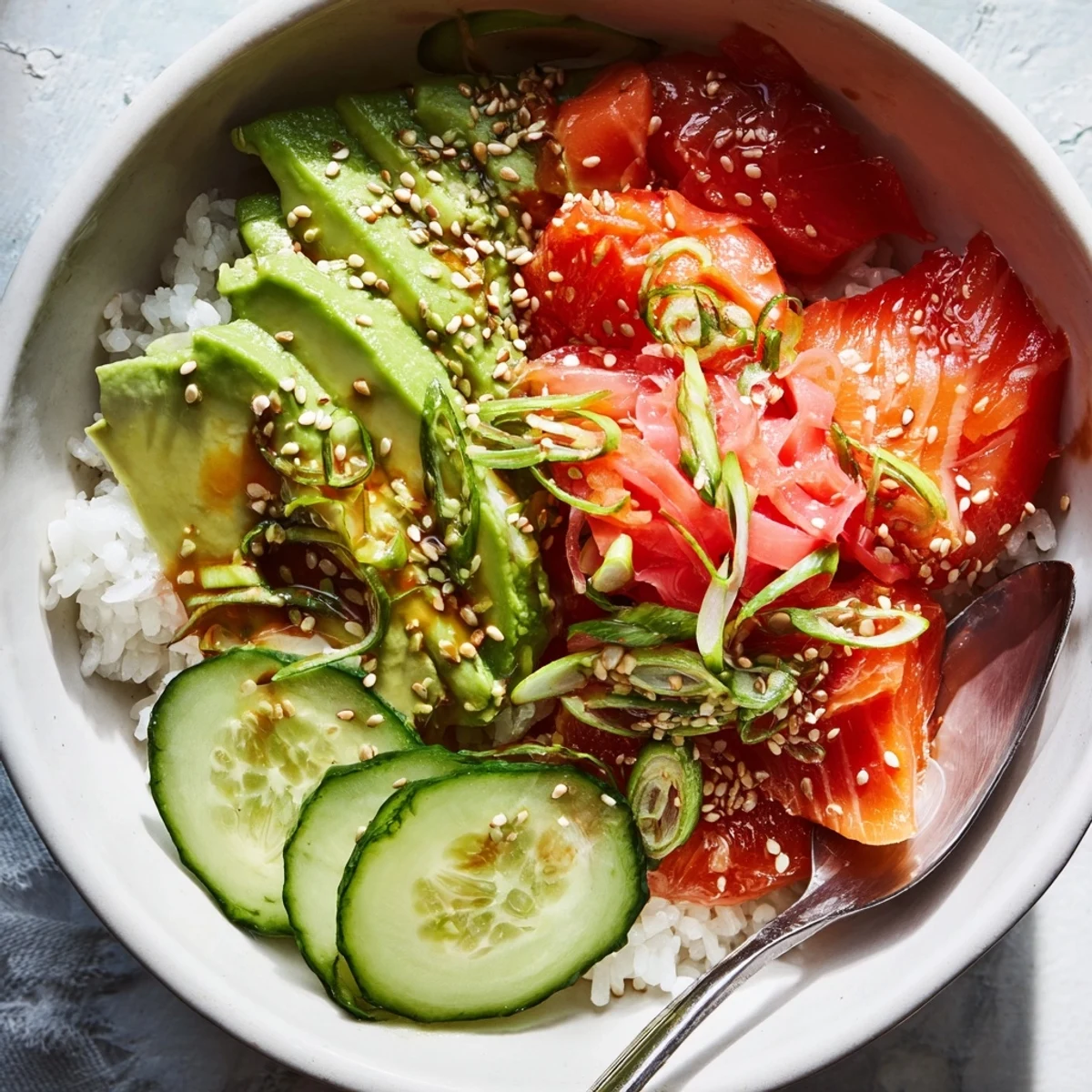 Colorful leftover salmon and rice bowl, featuring pickled ginger and toasted sesame seeds.