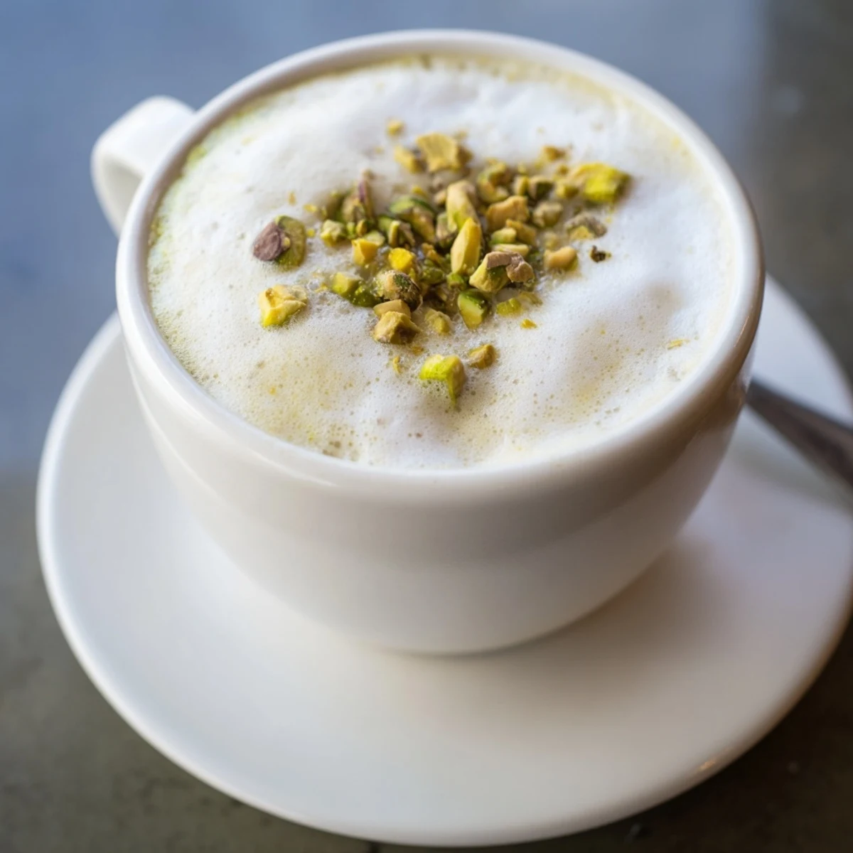 Creamy pistachio milk latte garnished with crushed nuts offers a delightful twist.  