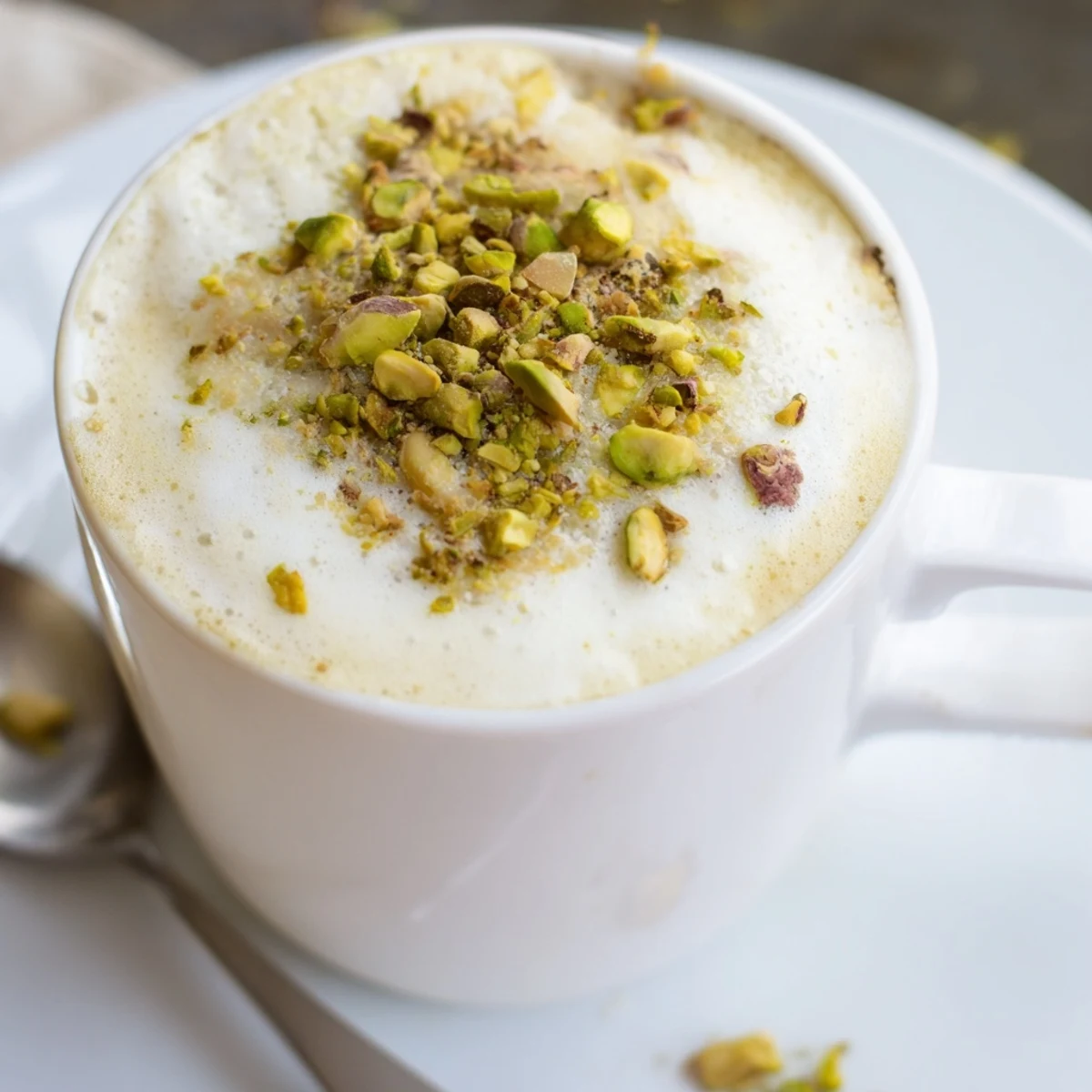 Homemade pistachio milk latte served warm, perfect for cozy mornings at home.  