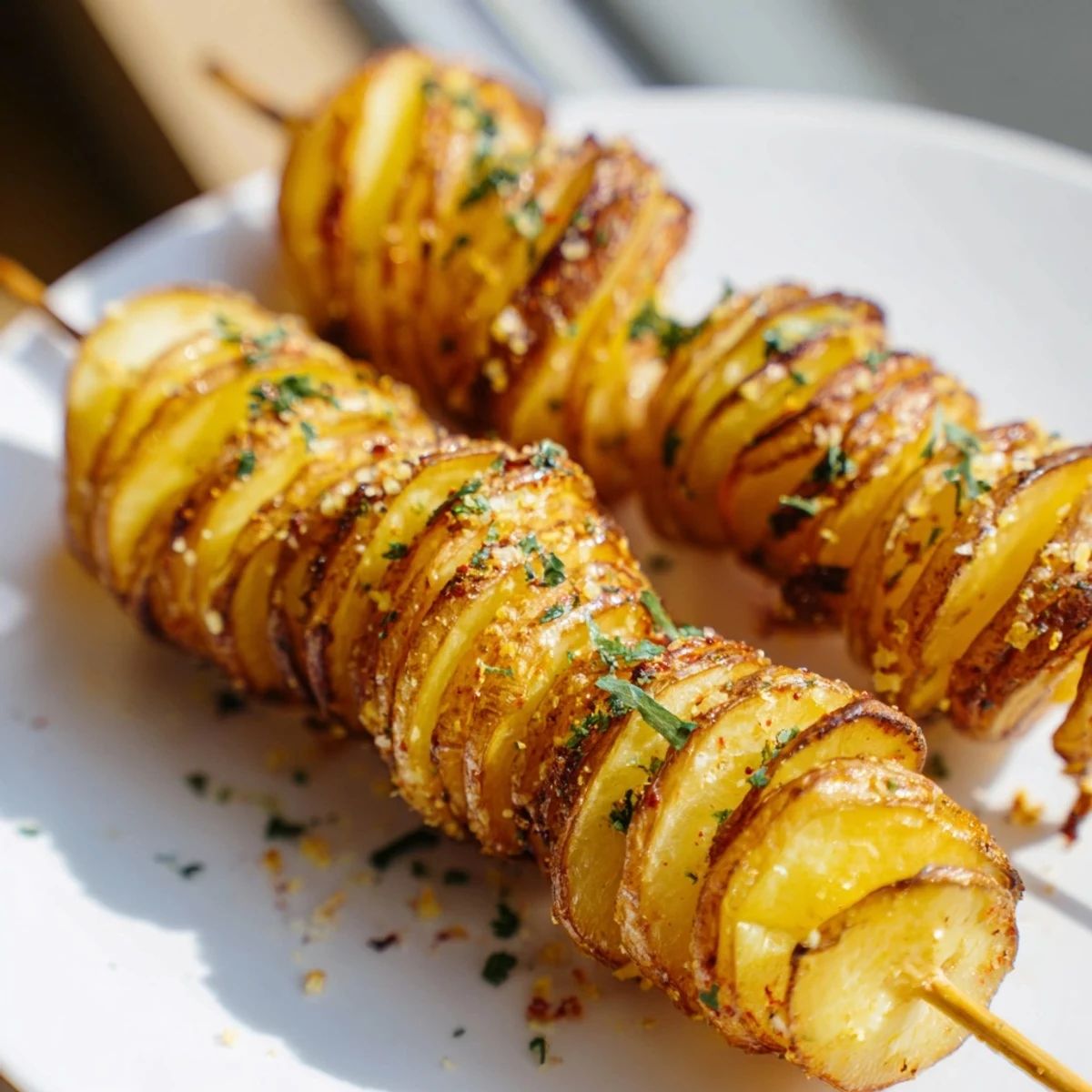 Golden, spiral-cut potatoes air-fried to perfection, perfect for dipping and sharing.  