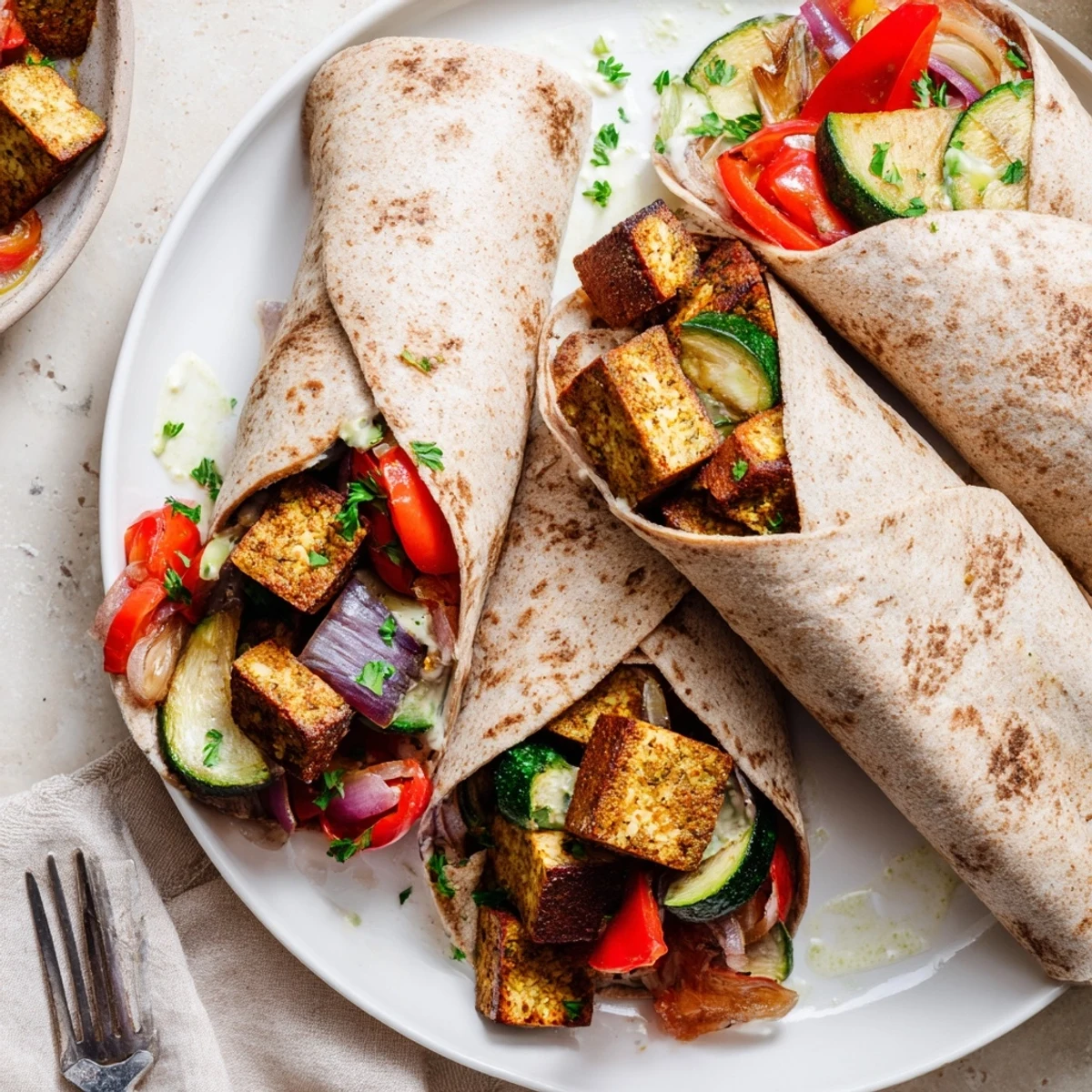 Roasted vegan tofu and vegetables, drizzled with tahini sauce in whole wheat wraps.  