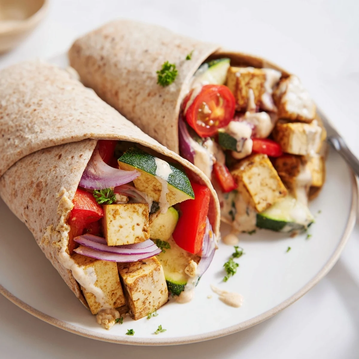 Delicious plant-based wrap filled with marinated tofu, roasted veggies, and creamy sauce.