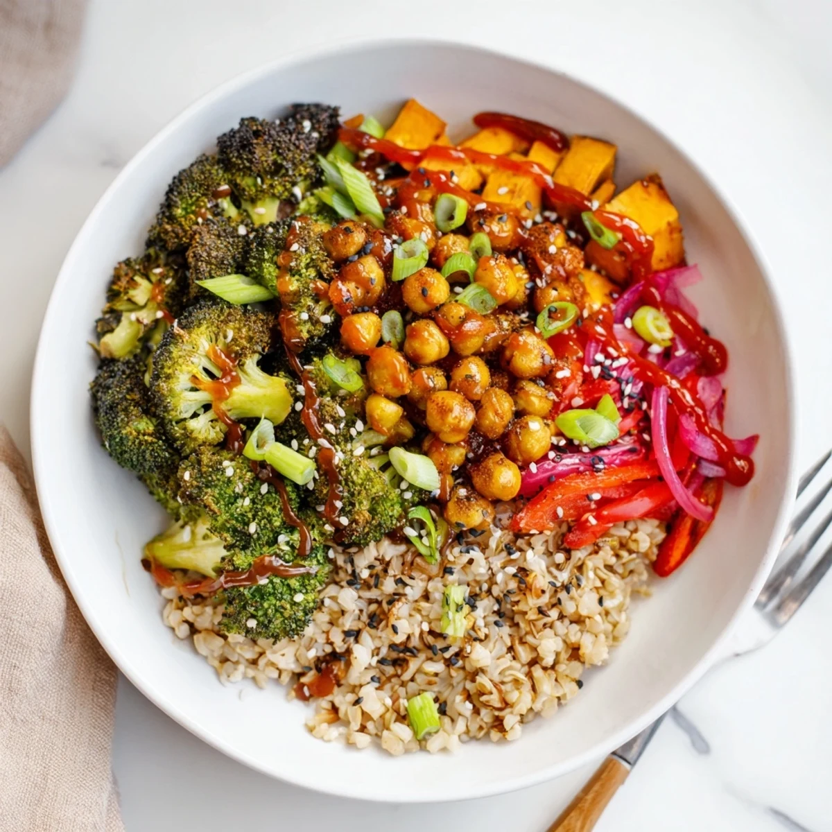 Vibrant Bold Sauce Drizzle Bowls topped with roasted veggies and rich miso-butter sauce.  