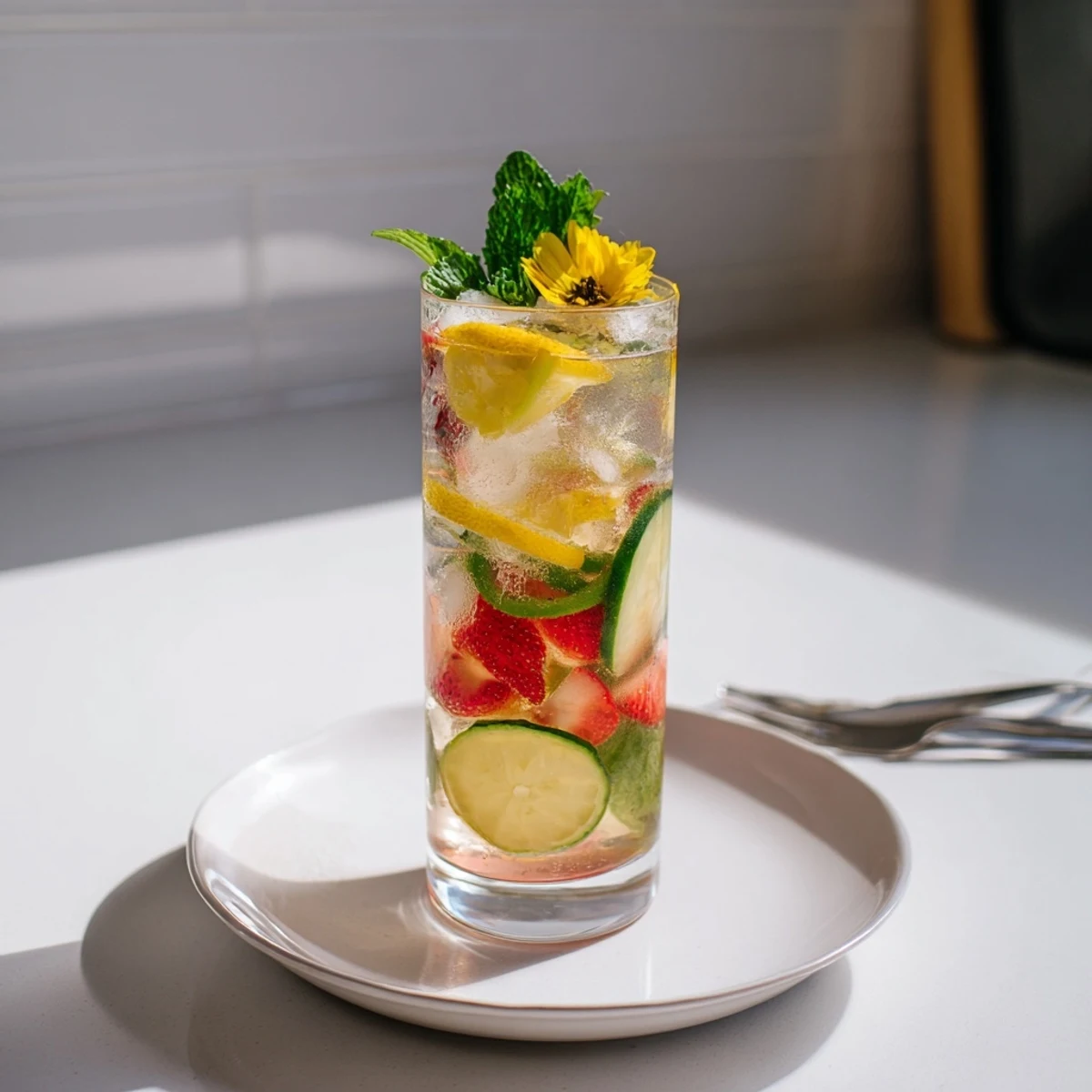 Colorful mocktails in tall glasses, bursting with fruit and refreshing herbal notes.