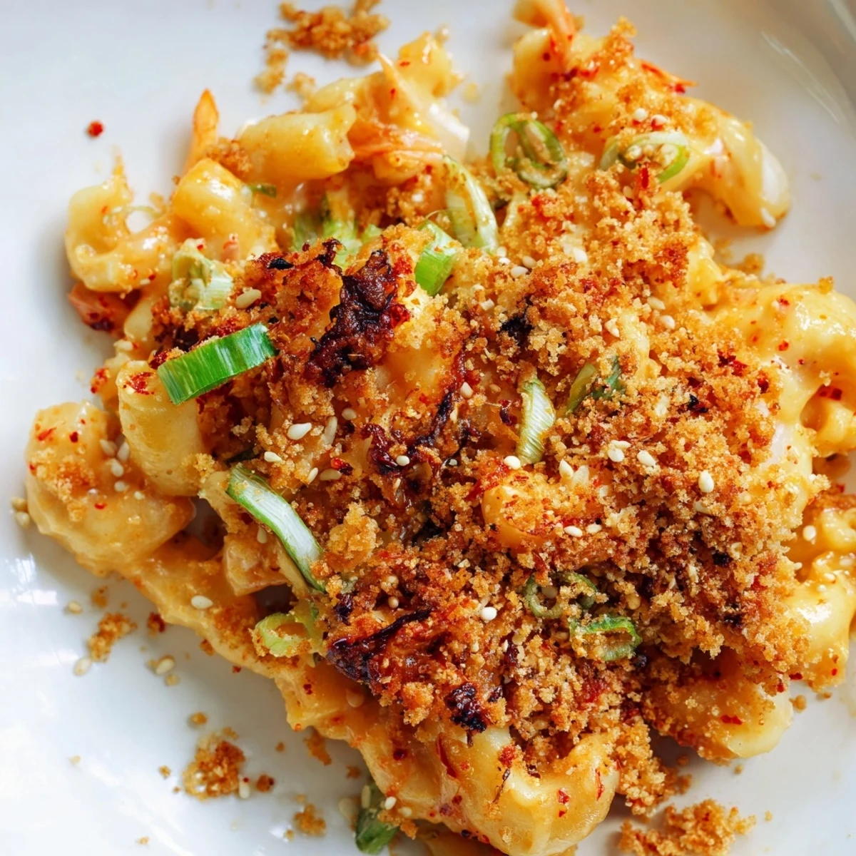 Bold Spicy Kimchi Mac & Cheese topped with crispy panko and sesame seeds.